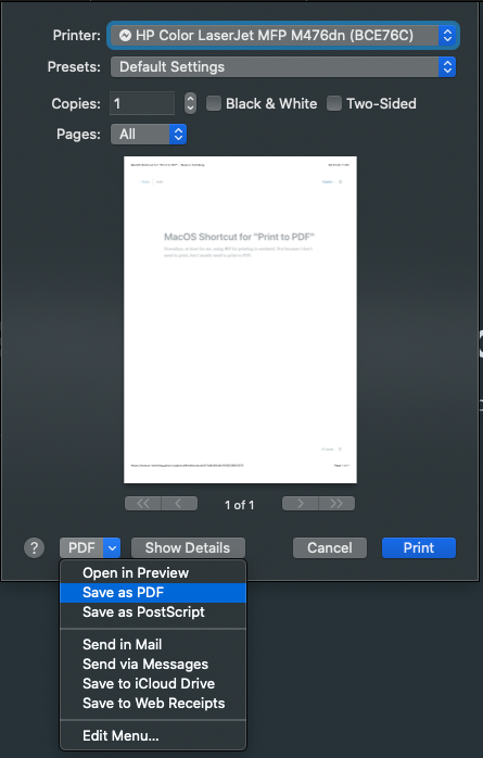 MacOS shortcut for "Print to PDF"